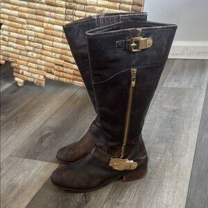 Vince Camuto Red and Brown Combat Moto Boots with Gold Accents